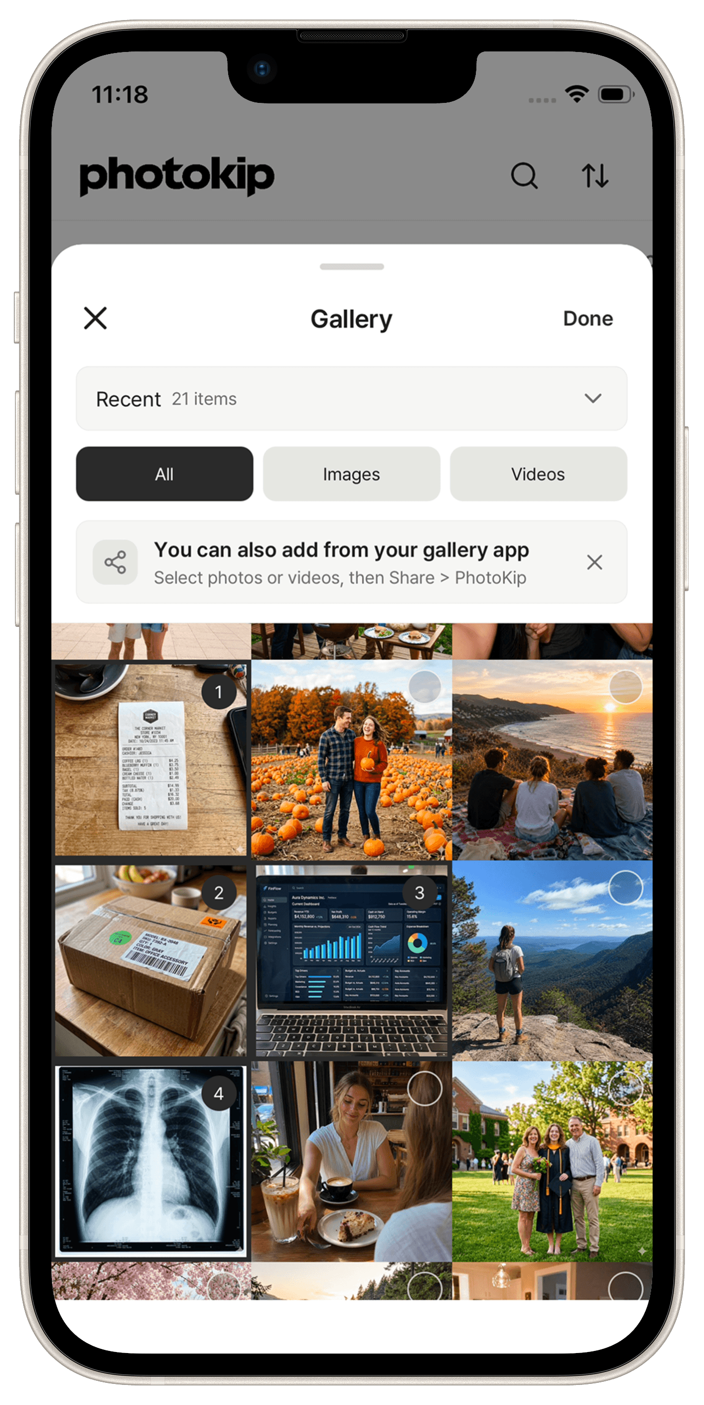 iPhone mockup showing PhotoKip gallery import screen