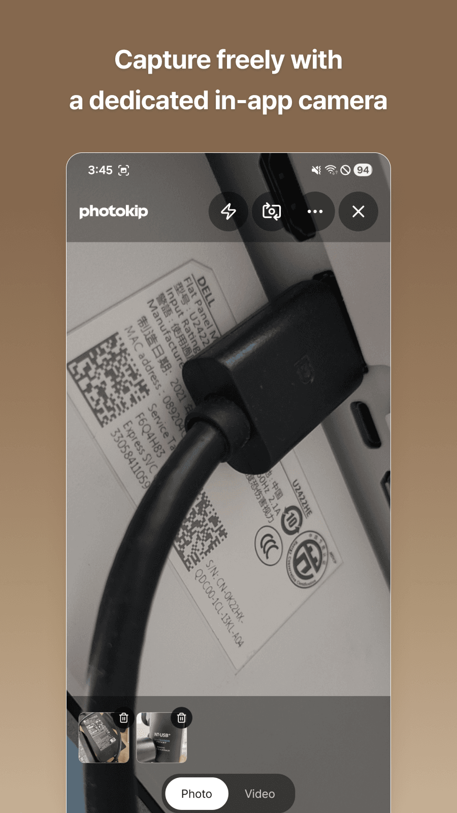 PhotoKip dedicated in-app camera screen