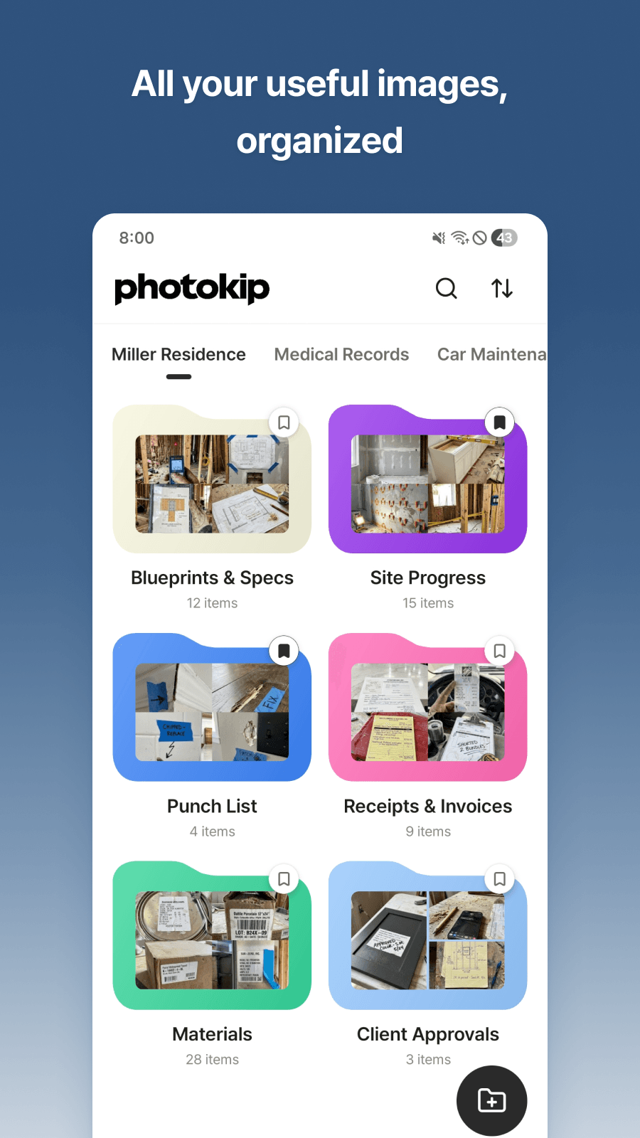 PhotoKip collections screen with organized folders for work media