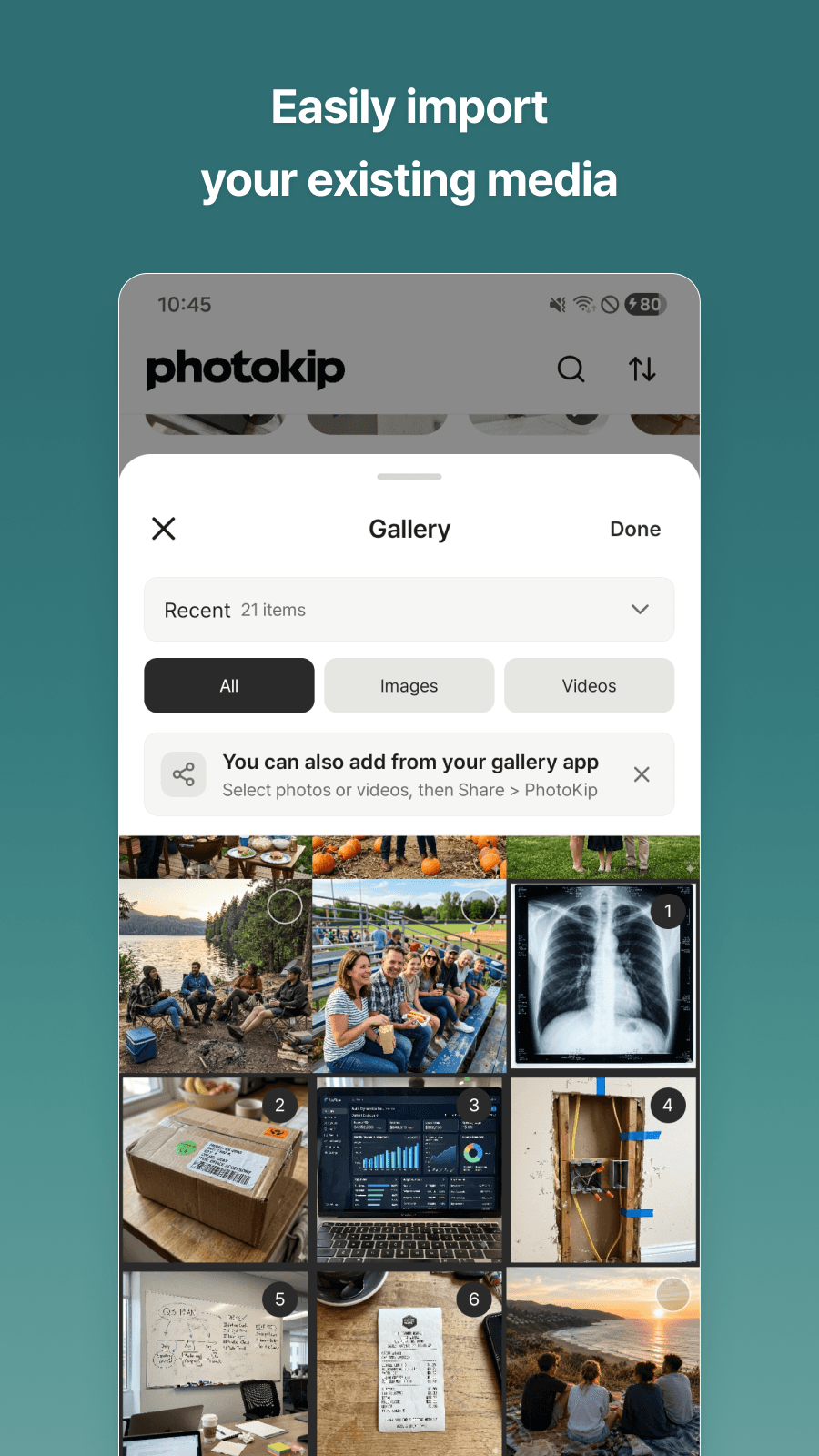 PhotoKip gallery import screen with selected work photos