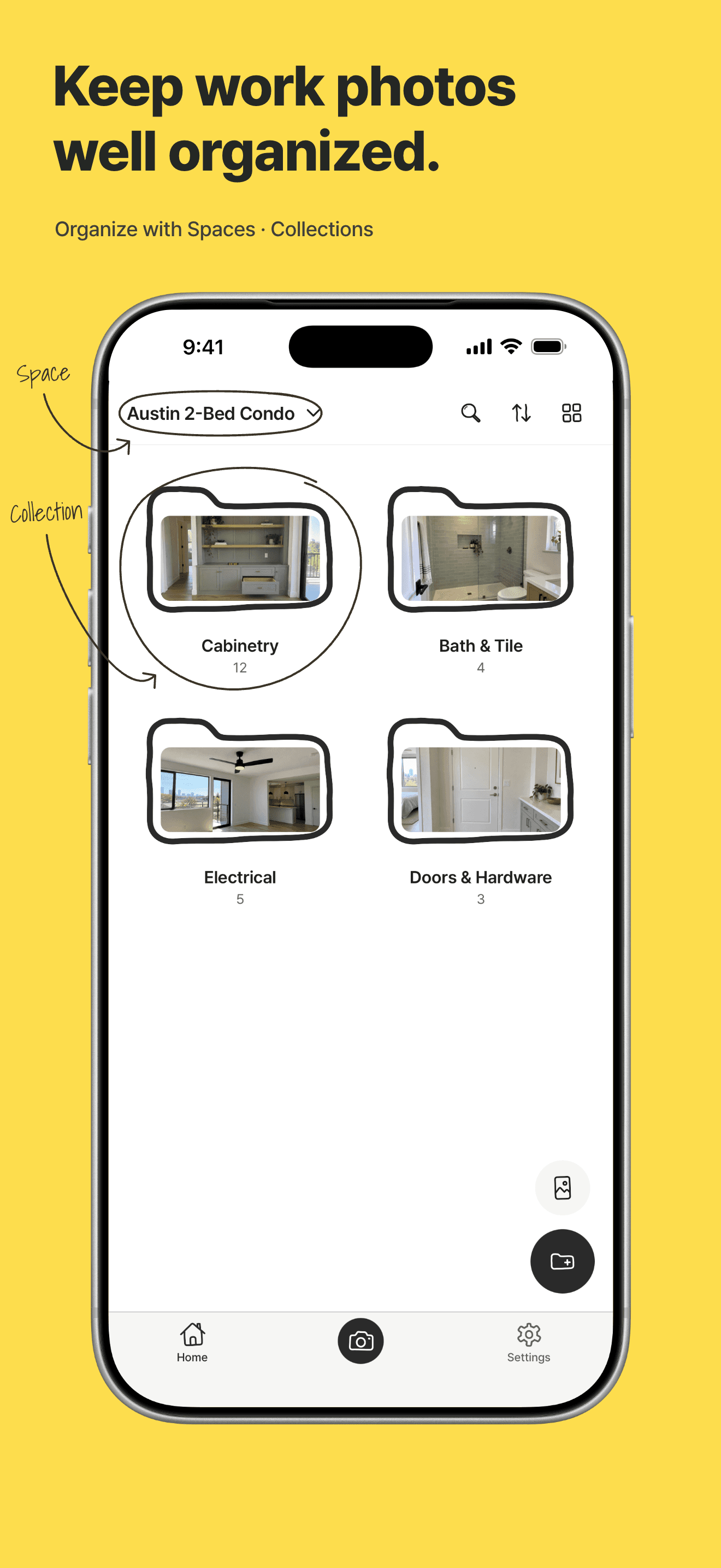 Keep work photos well organized. — Organize with Spaces · Collections